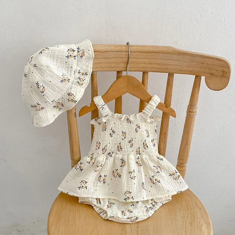 Conjunto Infantil Floral: Body com Saia e Chapéu