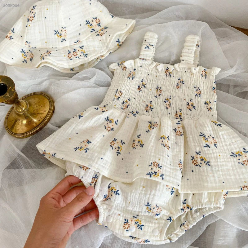 Conjunto Infantil Floral: Body com Saia e Chapéu